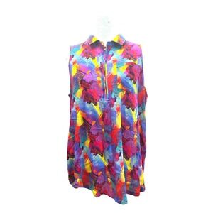 Blue Sky Clothing Co Linen Bamboo Abstract Print Sleeveless Zip Tunic Top Large